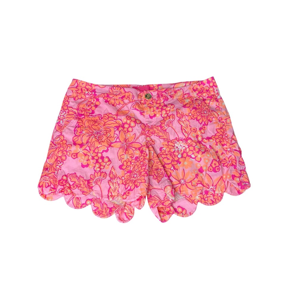 Lilly Pulitzer Buttercup Stretch Scalloped Shorts Pink Orange Floral Size 8